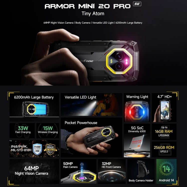 Ulefone Armor Mini 20 Pro, 8GB+256GB, IP68/IP69K Rugged Phone, 4.7 inch Android 14 MediaTek Dimensity 6300 5G Octa Core, Network: 5G, NFC, OTG Ulefone Armor Mini 20 Pro, 8GB+256GB, IP68/IP69K Rugged Phone, 4.7 inch Android 14 MediaTek Dimensity 6300 5G Octa Core, Network: 5G, NFC, OTG